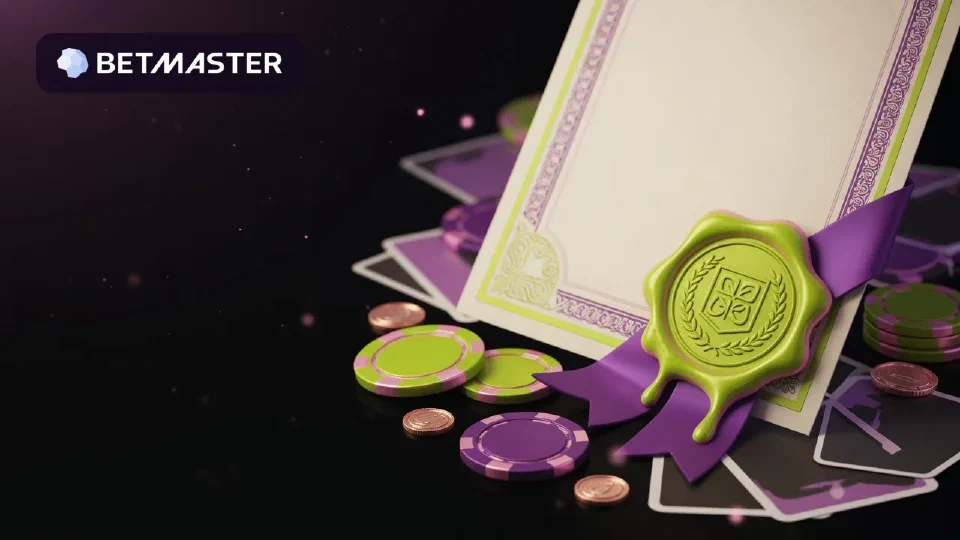 Certificado con un sello de cera rojo y un listón rosa, junto a fichas moradas y cartas, con el logotipo de Betmaster en un fondo oscuro.
