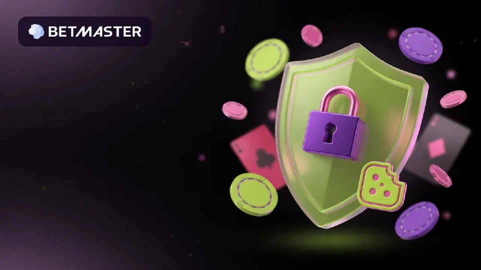 Escudo morado luminoso con un candado y una galleta de cookies, rodeado de fichas y cartas, con el logotipo de Betmaster al fondo.