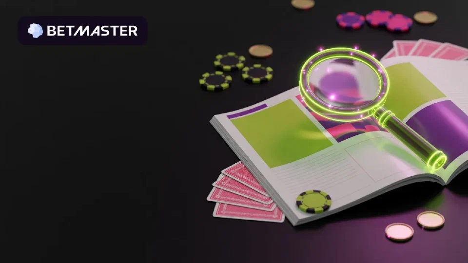 Lupa luminosa sobre una revista abierta, rodeada de fichas moradas y cartas, con el logotipo de Betmaster en un fondo oscuro.