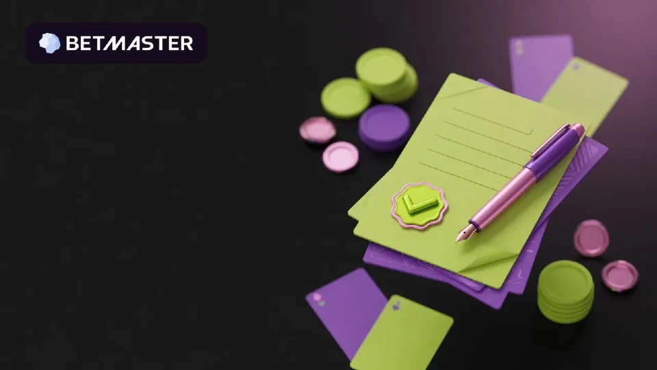 Pila de hojas con una pluma estilográfica morada y una palomita, entre fichas y cartas, con el logotipo de Betmaster al fondo.